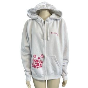 IN-N-OUT Burger‎ White Full Zip Hoodie Jacket Pink Hibiscus Flower Womens XL